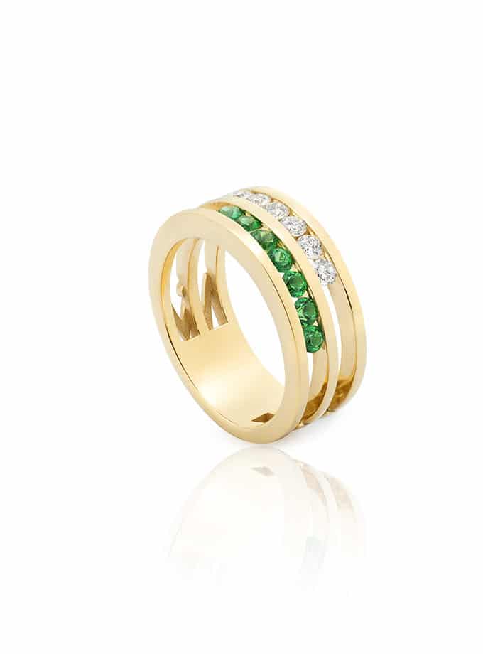 WESSELTON RING W-LINES COLLECTION WHITE&GREEN, YELLOW GOLD AND DIAMONDS-001